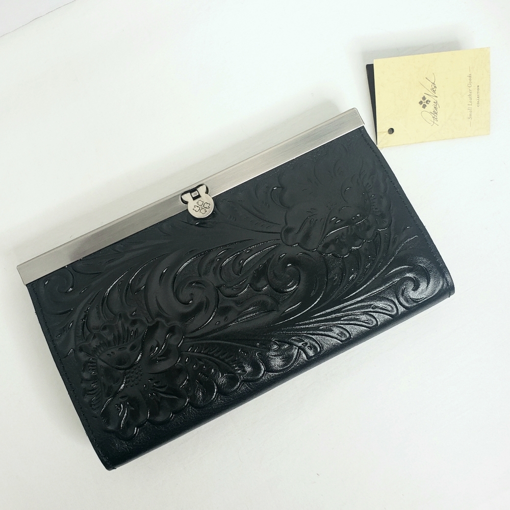 Black Leather Tooled Clutch Wallet